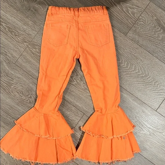 Orange Flared Ruffle Bell Bottom Pants Raw Distressed Hem - Picture 4 of 4